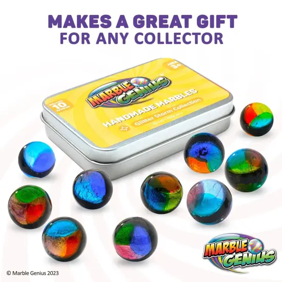 Marble Genius Collectors Marbles, Glittery Design, 16mm (⅝ Inch), 10 Handmade Glass Marbles, Gifts for Marble Lovers, Gifts for Kids Ages 3-14 {6}
