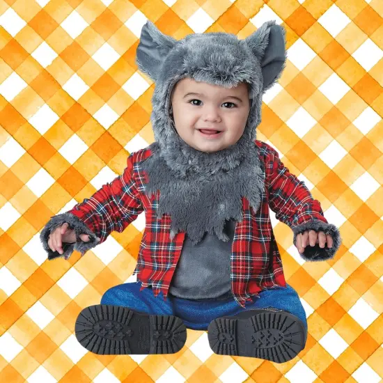 Infant Wittle Werewolf Costume with Fur Hood and Plaid Shirt {3}