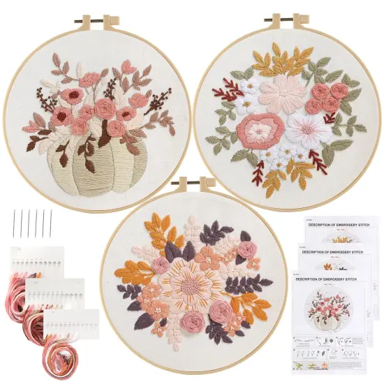 Embroidery Kit for Beginners, 3 Sets Stamped Cross Stitch Kits for Beginner, Floral Pattern Embroidery Starter Kits for Adults with Embroidery Hoop Instructions Threads and Needles Scissors {1}