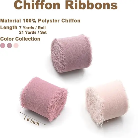 3 Rolls Dusty Rose Handmade Fringe Chiffon Ribbon 1.5 Inch x 7 Yard Silk-Like Ribbon Colorful Rustic Ribbon for Bouquets Wrapping Decor Wedding Invitation Accessories {2}