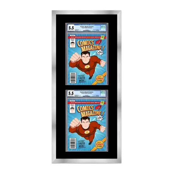 Comic Book Display Frame for CGC, PGX Graded, Slabed Comics - Silver Wood Comic Frame With Black Mat for 8.125x13 Comics, 18 Frame Sizes {1}