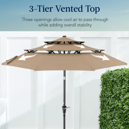 Best Choice Products 10ft 3-Tier Patio Umbrella, Market Sun Shade w/ Tilt Adjustment, Easy Crank Tan {3}