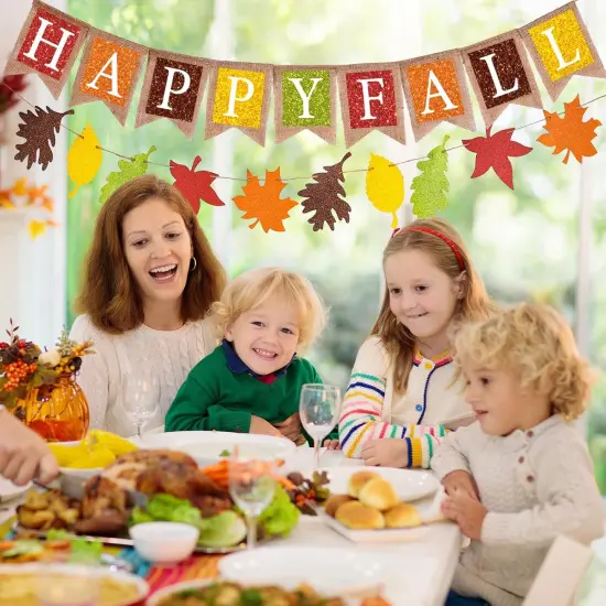 Happy Fall Burlap Banner Colorful Maple Leaf Glitter {2}