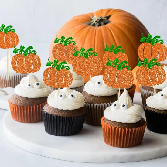 24Pcs Pumpkin Cupcake Toppers Glitter {6}