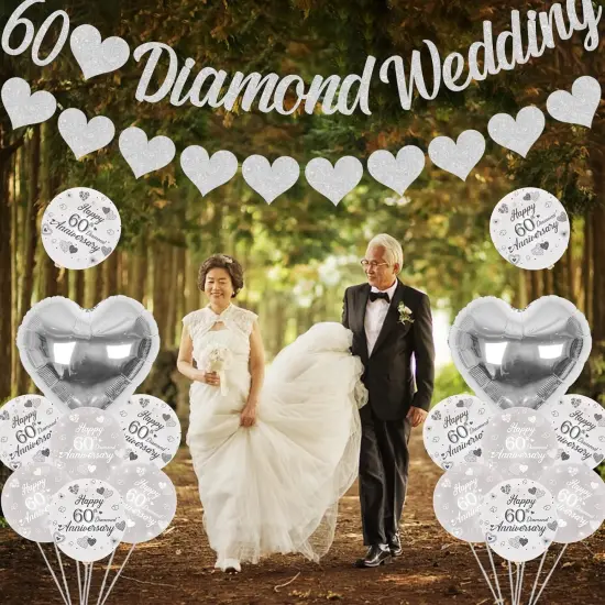 60th Diamond Wedding Anniversary Decorations, Glitter Banner, Cake Topper {5}