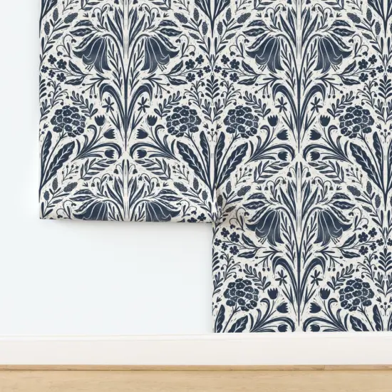 Peel & Stick Wallpaper 2FT Wide Navy Flowers Cream Blue Botanical Block Print Summer Garden Cottagecore Custom Removable Wallpaper by Spoonflower {2}