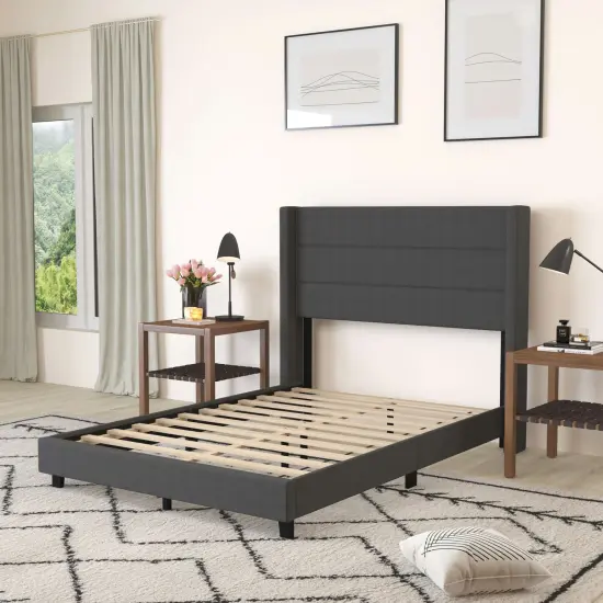 Merrick Lane Percy Modern Platform Bed with Padded Channel Stitched Upholstered Wingback Headboard and Underbed Clearance {9}