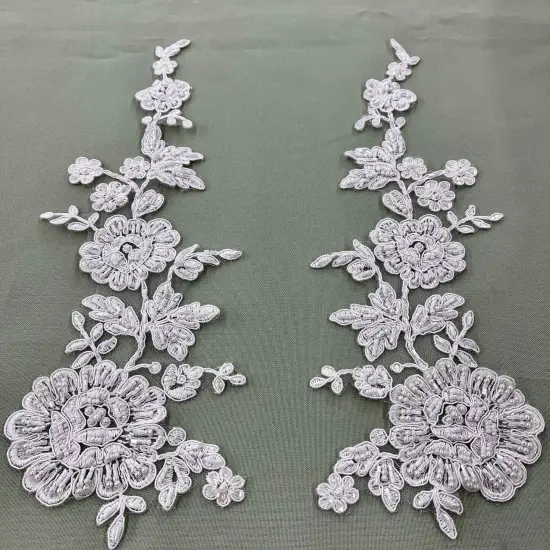 1 Pair Beaded & Corded Floral Lace 100% Polyester Net Mesh 13" x 3.5" Each Side IVORY {1}