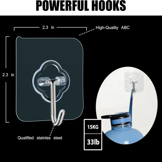 Adhesive Hooks, 32 Pack 33lb(Max) Sticky Hooks, Transparent Reusable {2}