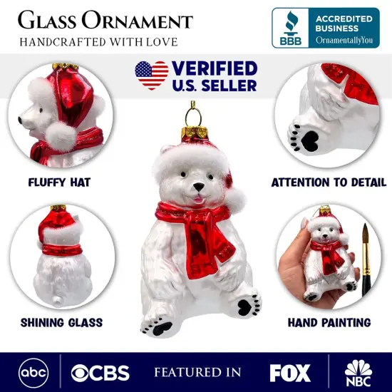 Classic White Polar Bear Glass Christmas Ornament {3}