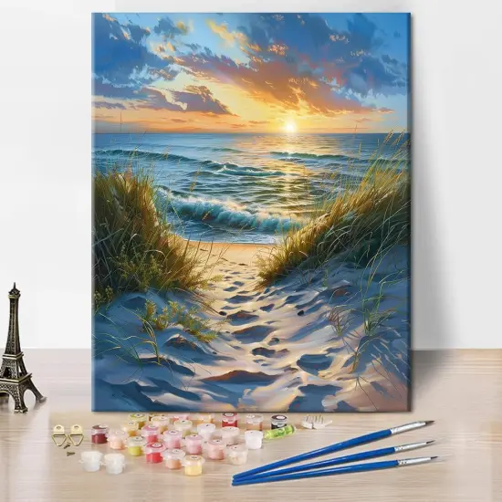 DIY Paint by Numbers for Adults - Beach Scene with Sunrise, Abstract Canvas Wall Art, 16x20 Inch {1}