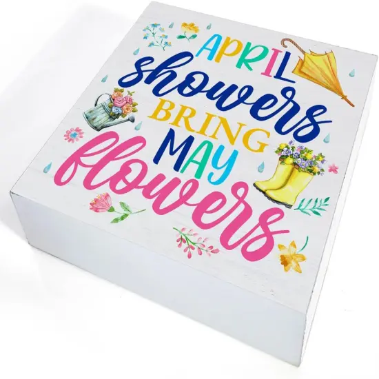 April Showers Bring May Flowers Wooden Sign, Farmhouse Spring Desk Decorations {3}