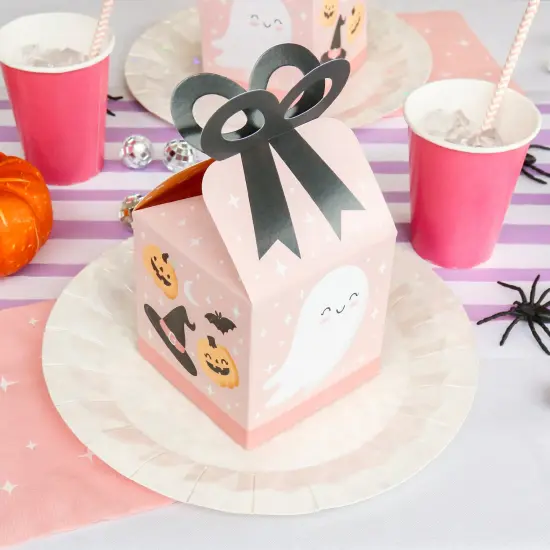 Big Dot of Happiness Pastel Halloween - Square Favor Gift Boxes - Pink Pumpkin Party Bow Boxes - Set of 12 {3}