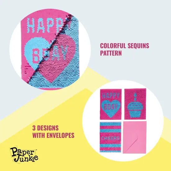 Sequins Happy Birthday Cards and Envelopes, Cupcake and Cheers Designs (Set of 3) {4}