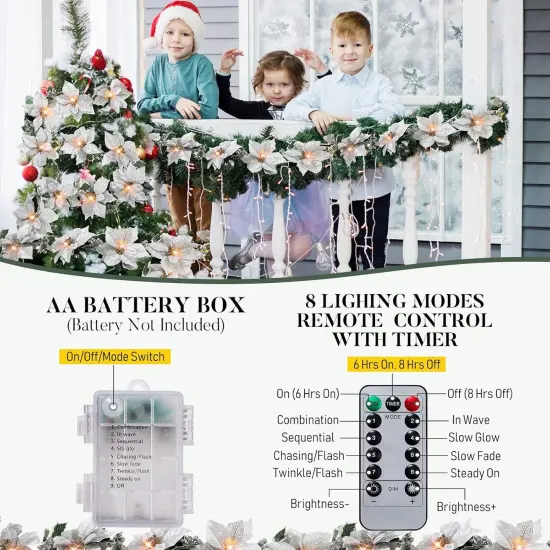 2 Pcs Prelit Poinsettia Winter Christmas Garland with String Lights {3}