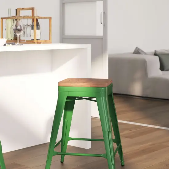 Merrick Lane Dalton Series Backless Metal Dining Stool with Wooden Seat for Indoor Use Green {3}