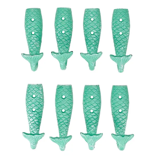 Set of 8 Cast Iron Mermaid Tail Wall Hooks Green Nautical Coastal Decor {1}