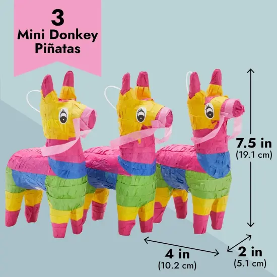 Mini Donkey Pinata - 3 Pack Small Mexican Pinatas for Cinco de Mayo, Mexican Fiestas, Birthday Parties (4 x 7.5 x 2 In) {3}