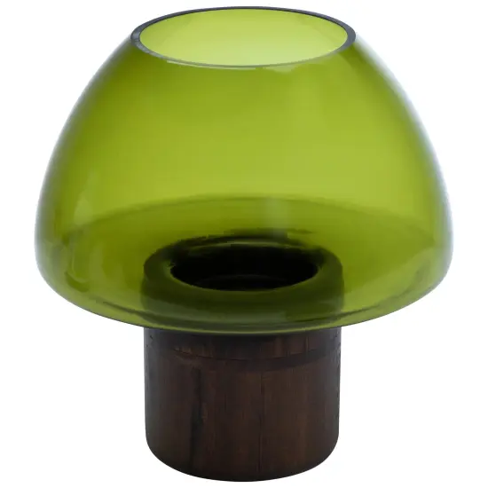 Northlight Transparent Glass Candle Holder with Wooden Base - 9.75" - Olive Green {3}