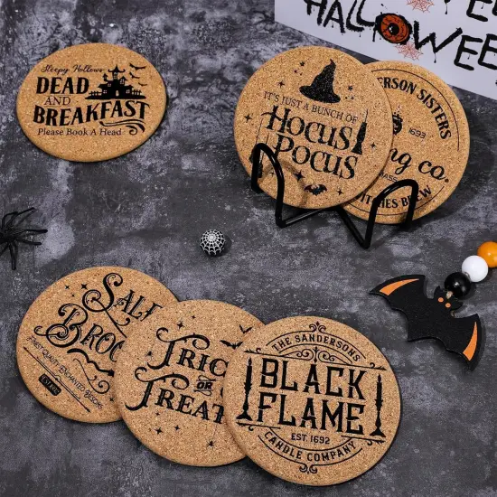 6Pcs Halloween Cork Coasters with Holder Hocus Pocus Round {3}