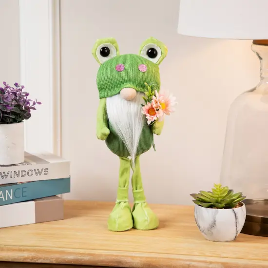 Northlight Standing Gnome with Glittered Frog Hat Spring Decoration - 14.5" Green {1}