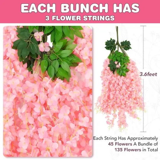 Fake Hanging Flowers, Wisteria Artificials Garland Decor 3.6 feet Long(12,Pink) {2}