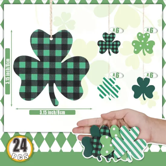 24 Pieces St Patricks Day Decorations Shamrocks Wooden Ornaments Wooden Shamrocks Clover Ornament Shamrock Wooden Cutouts Hanging Ornament with Rope for St Patrick's Day Tree Table Decor (Simple Style) {1}