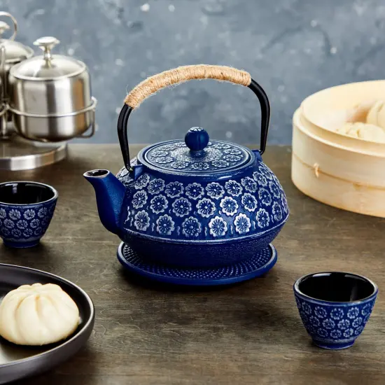 6 Piece Set Japanese Cast Iron Teapot with Infuser, 4 Teacups, and Trivet (32 oz, Blue) {2}