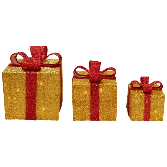 Northlight Set of 3 Gold and Red Gift Boxes with Bows Lighted Christmas Outdoor Decorations {5}