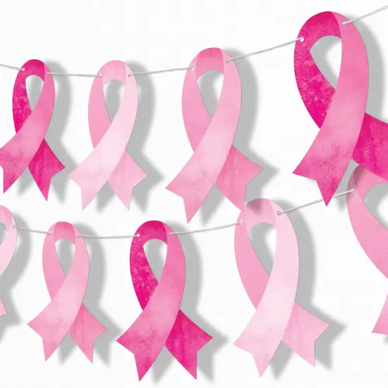 Big Dot of Happiness Pink Ribbon Garland Banner, Breast Cancer Awareness Support Decor, 30 Feet of Cord, 15 Double-Sided Pink Ribbon Pieces {1}