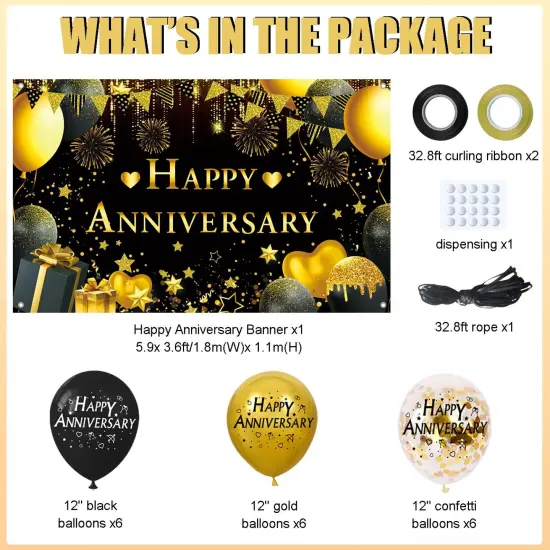Happy Anniversary Decorations Kit - 5.9x3.6Ft Banner & 18PC Black & Gold Balloons {2}