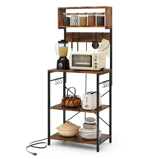 Rustic Brown 5-Tier Shelves Countertop Kitchen Baker's Rack with Power Outlets and Hooks {4}