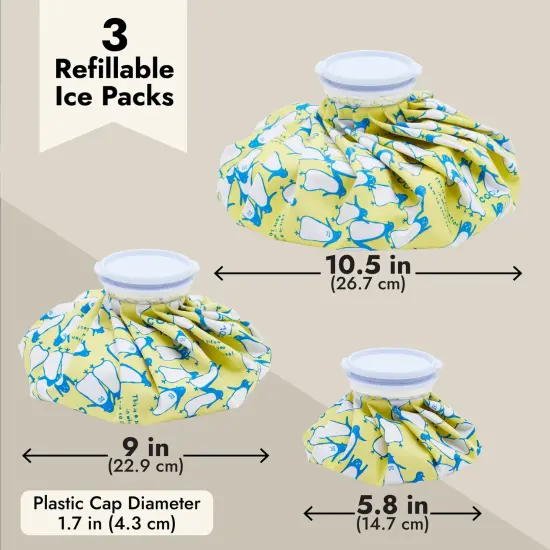 (3 Sizes) Refillable Ice Packs for Pain Relief, Injuries, Headaches, Sprains, Reusable Penguin Print Bags for Swelling {4}