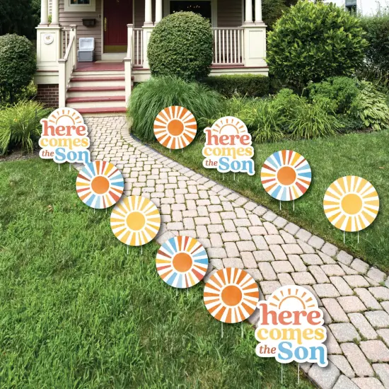 Big Dot of Happiness Here Comes the Son Outdoor Baby Shower Decorations, Retro Sun-Shaped Lawn Ornaments, Boy Boho Party Yard Signs - 10 Piece {1}