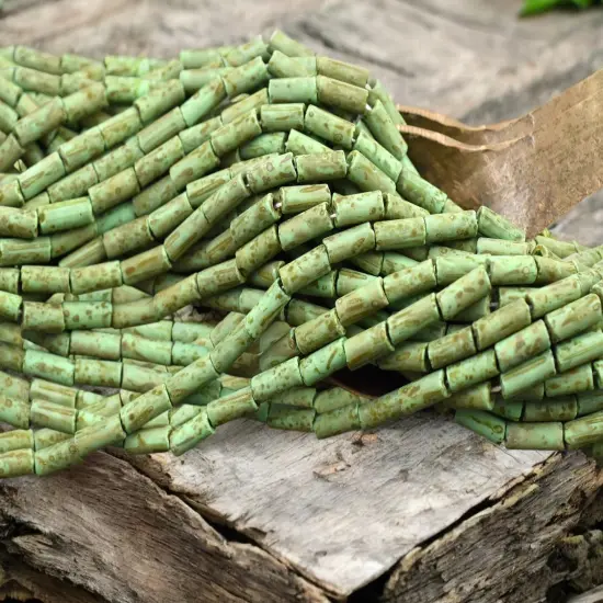 9x4mm Matte Green Turquoise Picasso Czech Bugle Beads - 20" Strand {3}