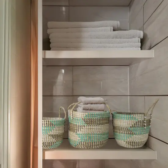 Northlight Natural Woven Seagrass Basket - Teal, Black and White - Set of 3 Beige {4}