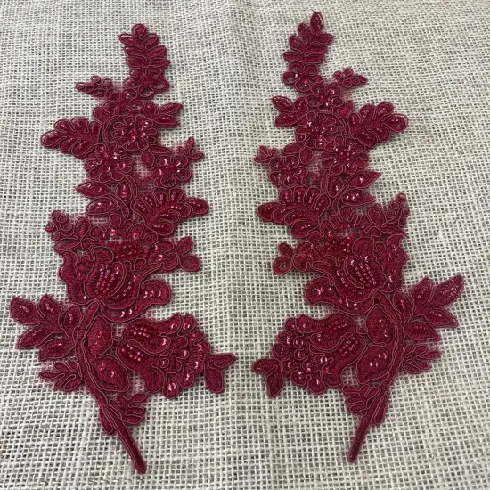 1 Pair Beaded & Corded Floral Lace Applique 100% Polyester Net Mesh 12" X 3.5" Each Side Lt. Blue Color {7}