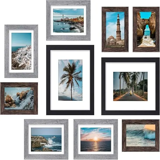 10 Pack Picture Frames Collage Wall Decor, Gallery Frame Set for Wall Mounting or Tabletop Display, Multi Sizes Including 2pcs 8x10, 4pcs 5x7, 4pcs 4x6, Black, Brown and Grey {1}