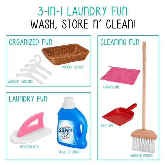 Lil' Jumbl Wooden Pretend Laundry Playset for Kids with Washer and Dryer Pink {4}
