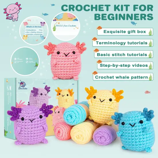Crochetta Crochet Kit for Beginners, Crochet Starter Kit w Step-by-Step Video Tutorials, Beginner Crochet Kit for Adults Kids Women Men Complete Kit Included (4 Mini Axolotls) {4}