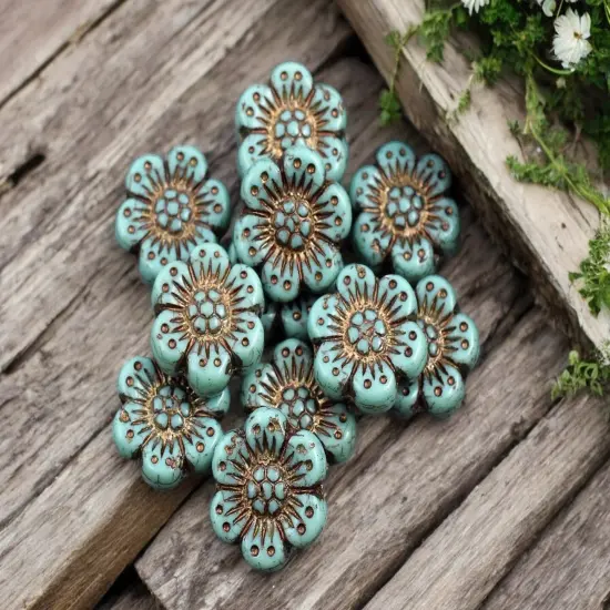 *12* 14mm Dark Bronze Washed Turquoise Wildflower Beads {1}