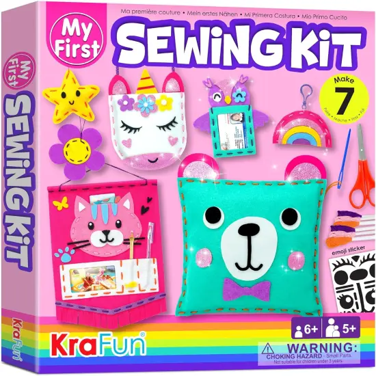 My First Sewing Kit for Beginner Kids Arts & Crafts, 7 Easy DIY Projects of Stuffed Animal Dolls and Plush Pillow Craft, Instructions & Felt, Gift for Girls, Boys, Learn to Sew, Embroidery {1}