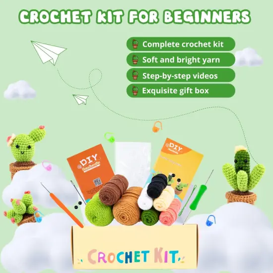 Crochet Kit for Beginners - Complete Crochet Kits with Stitch by Stitch Video Tutorial, Beginner Crochet Kit for Adults Kids Gift - Starter Easy Learn to Crochet Succulent Plants Family {6}
