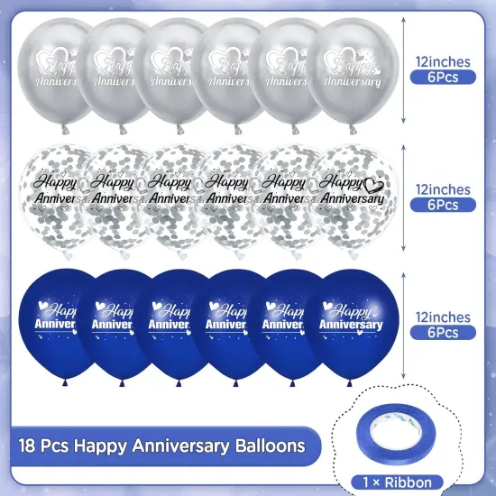 Happy Anniversary Balloons - 18Pcs, 12 Inch (Blue Silver) {4}