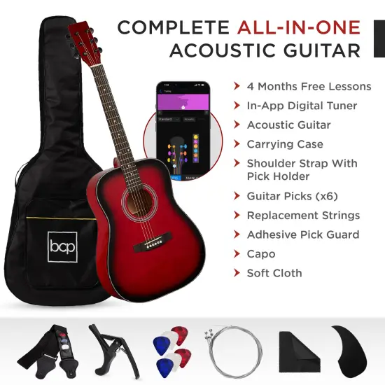 Best Choice Products 41in Full Size All-Wood Acoustic Guitar Starter Kit w/ Gig Bag, Pick, Strap, Rag Red Burst {3}