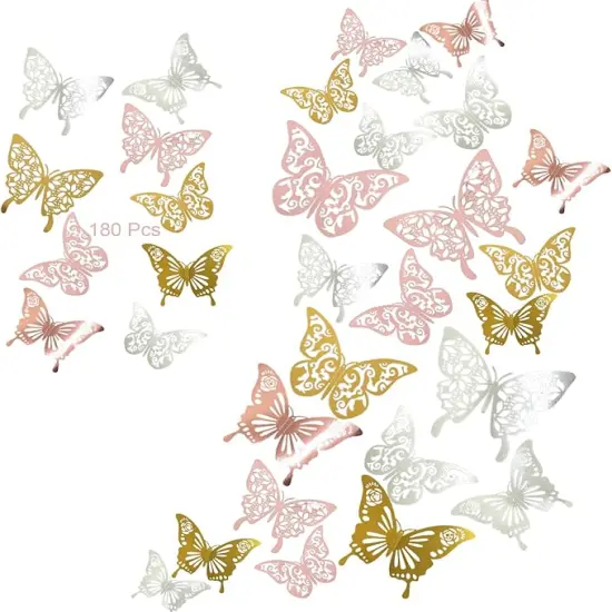 180 Pcs 3D Butterfly Wall Decor 3 Style Gold Silver Rose Gold Butterflies Sticker Decorations 3 Sizes Removable Wall Decals for Cake Decorating Wedding Birthday Party DIY Cosplay {1}