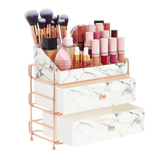 White Marble Makeup Organizer with Rose Gold Trim, Cosmetic Storage Drawers for Vanity (9.5 x 9.5 x 5.5 in) {7}