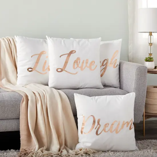 Set of 4 Rose Gold Throw Pillow Covers, Live Laugh Love Dream Decorative Cases for Home Decor, Living Room (20x20 In) White {2}