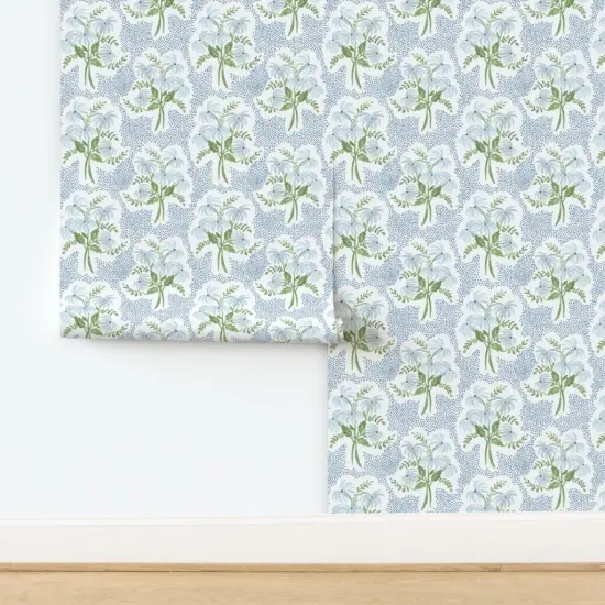 Pre-Pasted Wallpaper 2FT Wide Pastel Wildflower Polka Dots Pearl Blue And White Cottagecore Grandmillenial Custom Pre-pasted Wallpaper by Spoonflower {2}