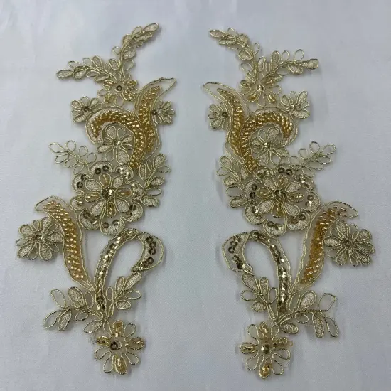 1 Pair Beaded & Corded Floral Lace Applique 9" x 2.5" Each Side Metallic Gold {1}